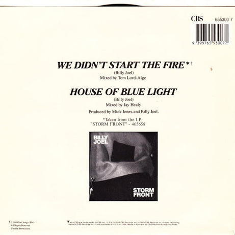 Billy Joel : We Didn't Start The Fire (7", Single)