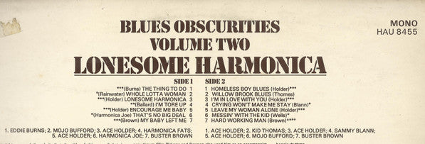 Various : Blues Obscurities Volume Two Lonesome Harmonica (LP, Comp, Mono, RE)