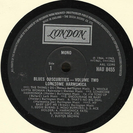 Various : Blues Obscurities Volume Two Lonesome Harmonica (LP, Comp, Mono, RE)