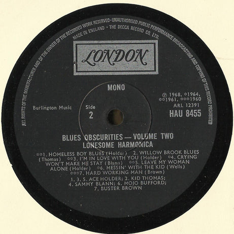Various : Blues Obscurities Volume Two Lonesome Harmonica (LP, Comp, Mono, RE)