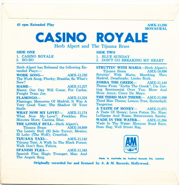 Herb Albert And The Tijuana Brass* : Casino Royale (7", EP, Mono)