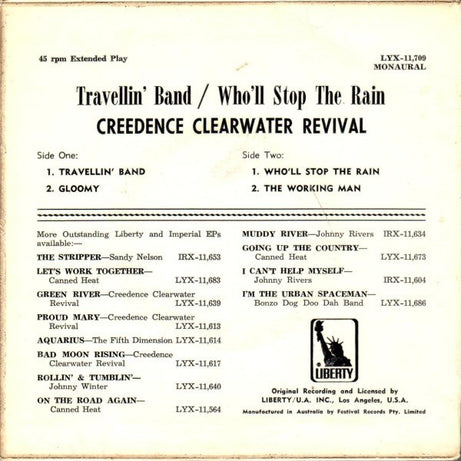 Creedence Clearwater Revival : Travellin' Band / Who'll Stop The Rain (7", EP, Mono)