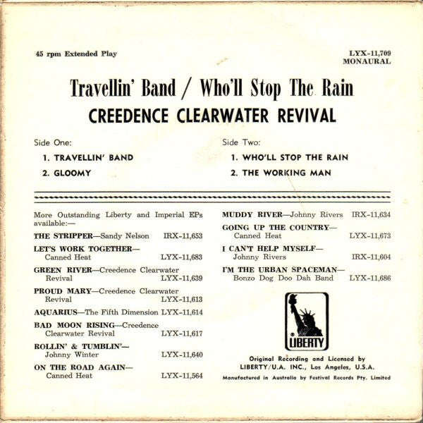 Creedence Clearwater Revival : Travellin' Band / Who'll Stop The Rain (7", EP, Mono)