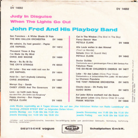 John Fred & His Playboy Band : Judy In Disguise / When The Lights Go Out (7", Single)