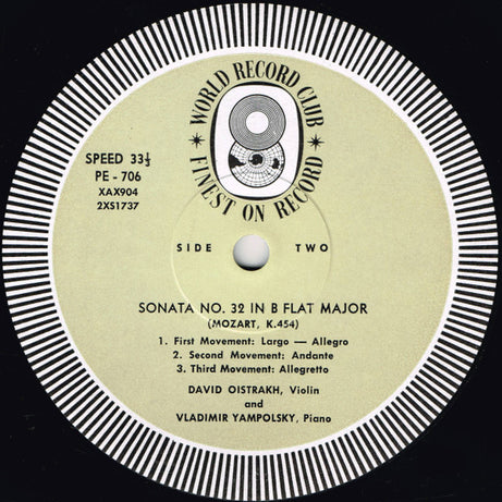 Wolfgang Amadeus Mozart  /  Giuseppe Tartini, Vladimir Yampolsky & David Oistrach : Present Two Sonatas For Violin And Piano: Sonata In G Minor "Devil's Trill" / Sonata No. 32 In B Flat  Major K.454 (LP, Album, Mono, Club, 1st)