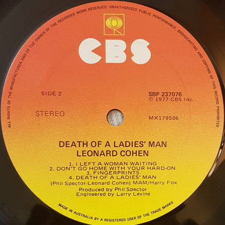 Leonard Cohen : Death Of A Ladies' Man (LP, Album, Gat)