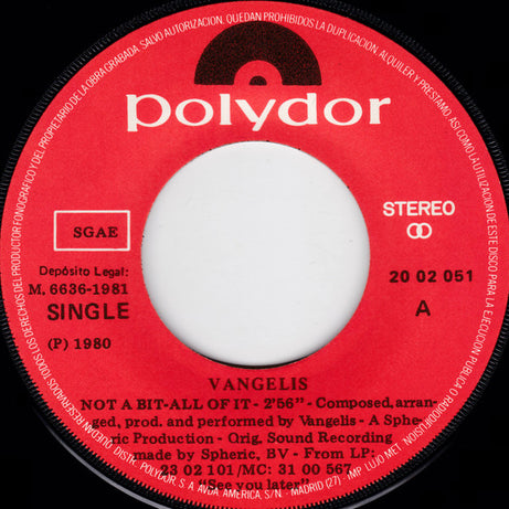 Vangelis : Not A Bit-All Of It = Un Poco No, Todo (7", Single)