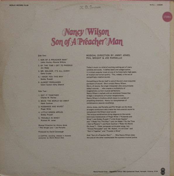 Nancy Wilson : Son Of A Preacher Man (LP, Album, Club)