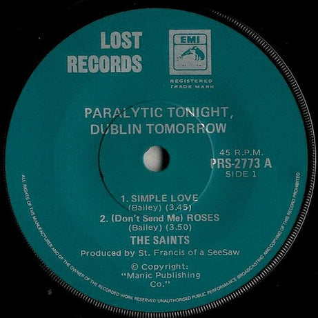 The Saints (2) : Paralytic Tonight, Dublin Tomorrow (7", EP, Whi)