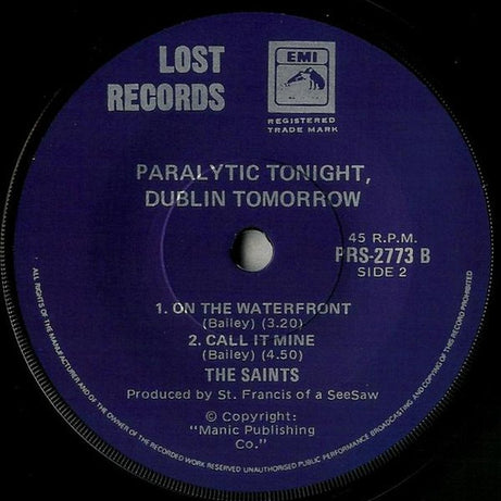 The Saints (2) : Paralytic Tonight, Dublin Tomorrow (7", EP, Whi)