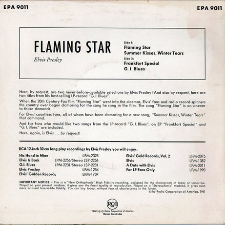Elvis* : Elvis By Request (Flaming Star And 3 Other Great Songs) (7", EP)