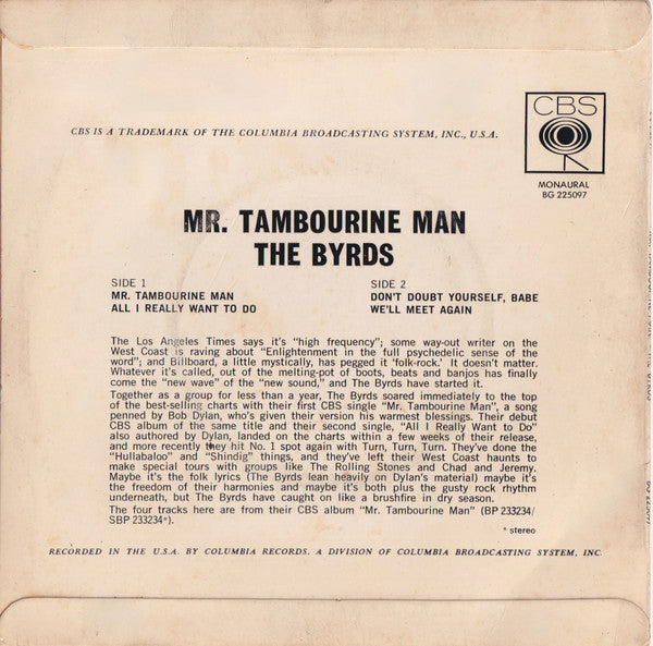 The Byrds : Mr. Tambourine Man (7", EP, Mono)