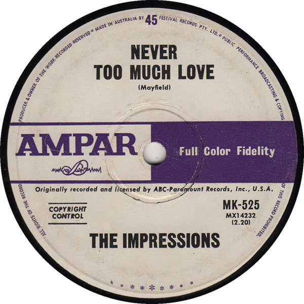 The Impressions : Talking About My Baby / Never Too Much Love (7", Single)