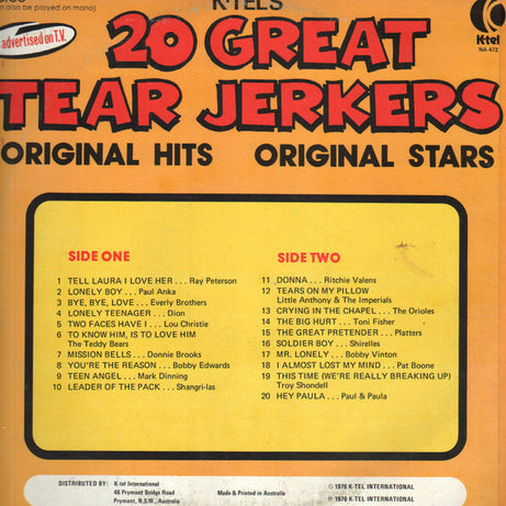 Various : 20 Great Tear Jerkers (LP, Comp)
