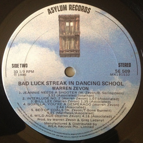 Warren Zevon : Bad Luck Streak In Dancing School (LP, Album)