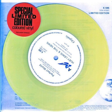Huey Lewis & The News : Perfect World (7", Single, Ltd, Yel)