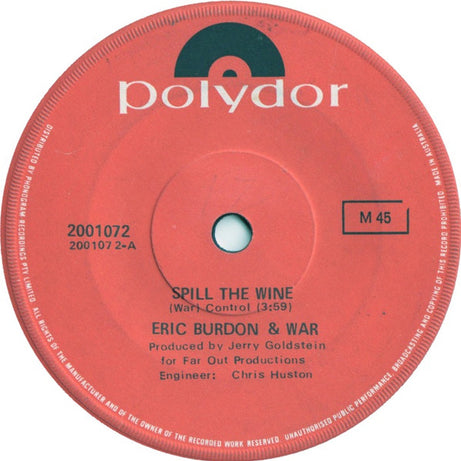 Eric Burdon & War : Spill The Wine (7", Single, Mono)