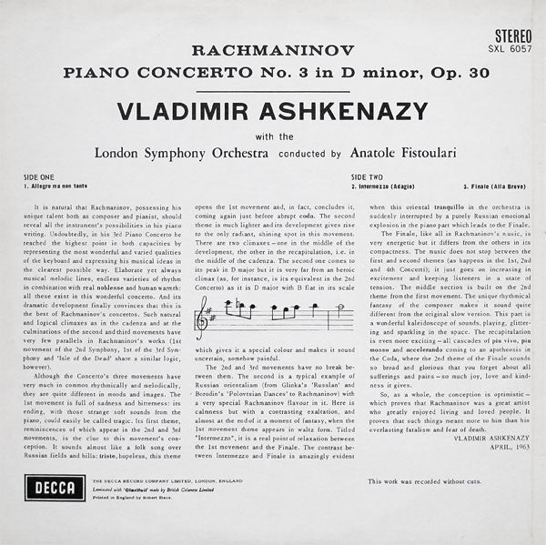Vladimir Ashkenazy, Sergei Rachmaninoff, Anatole Fistoulari, London Symphony Orchestra : 3rd. Piano Concerto (LP, RP)
