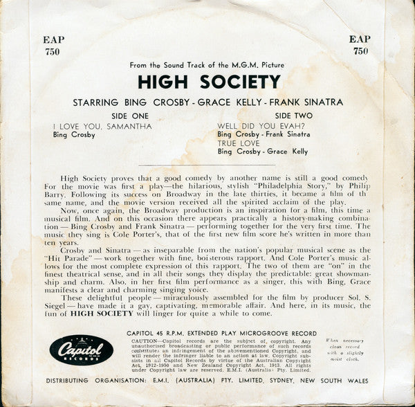 Bing Crosby - Grace Kelly - Louis Armstrong And His Band - Frank Sinatra : High Society (7", EP)