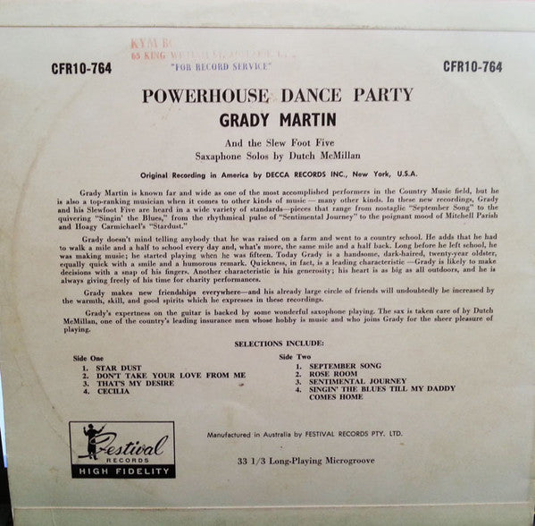 Grady Martin And The Slew Foot Five : Powerhouse Dance Party (10", Album, Mono)