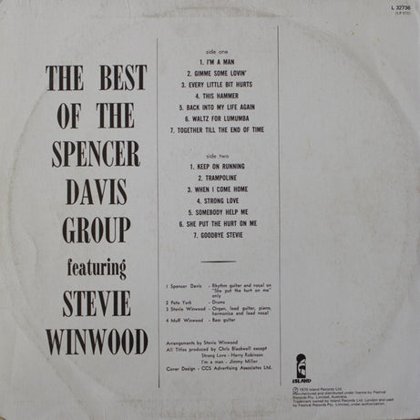 The Spencer Davis Group : The Best Of  Spencer Davis Group Featuring Steve Winwood (LP, Comp, RP)