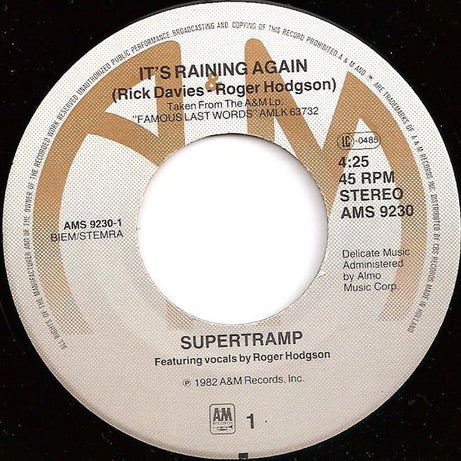 Supertramp : It's Raining Again (7", Single)