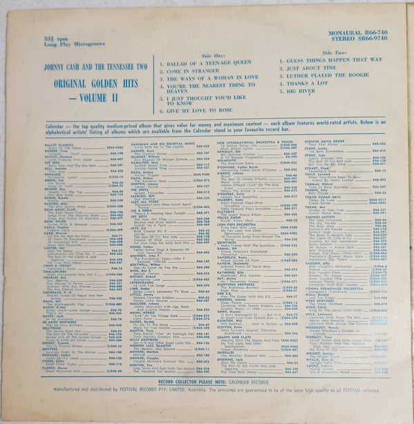 Johnny Cash And The Tennessee Two* : Original Golden Hits Volume II (LP, Comp, Ora)