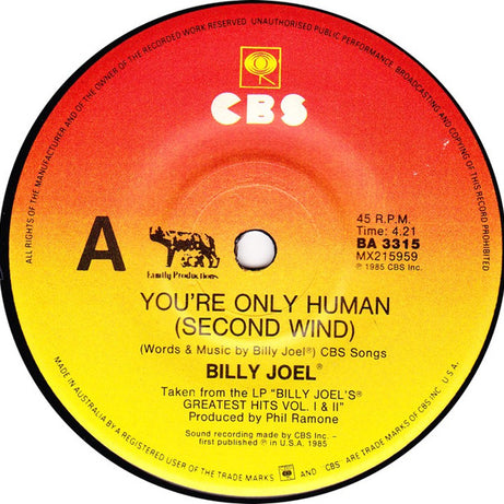 Billy Joel : You're Only Human (Second Wind) (7")
