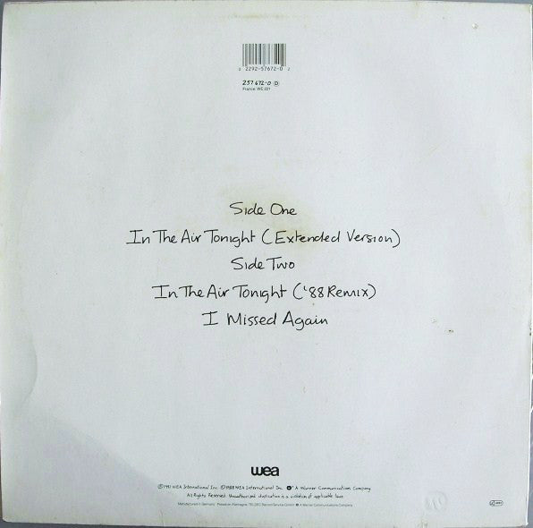 Phil Collins : In The Air Tonight (88' Remix) And (Extended Version) (12", Maxi, Rec)