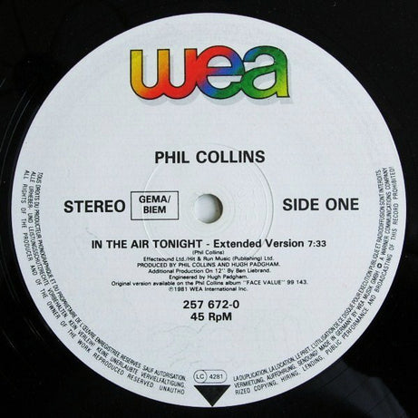Phil Collins : In The Air Tonight (88' Remix) And (Extended Version) (12", Maxi, Rec)