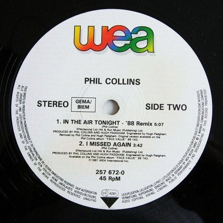 Phil Collins : In The Air Tonight (88' Remix) And (Extended Version) (12", Maxi, Rec)