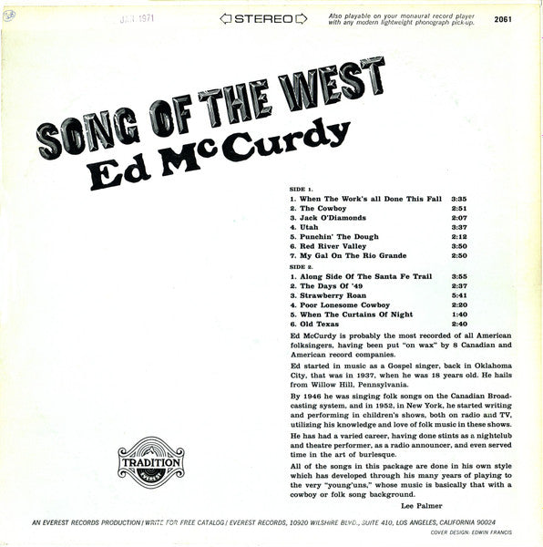 Ed McCurdy : Song Of The West (LP, Album)