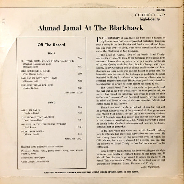 Ahmad Jamal : At The Blackhawk (LP, Album, Mono)