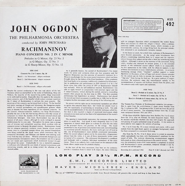 John Ogdon, Sergei Vasilyevich Rachmaninoff, Philharmonia Orchestra Conducted By John Pritchard : Piano Concerto No.2 In C Minor (LP)