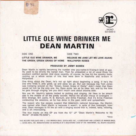 Dean Martin : Little Ole Wine Drinker, Me  (7", EP, Mono)