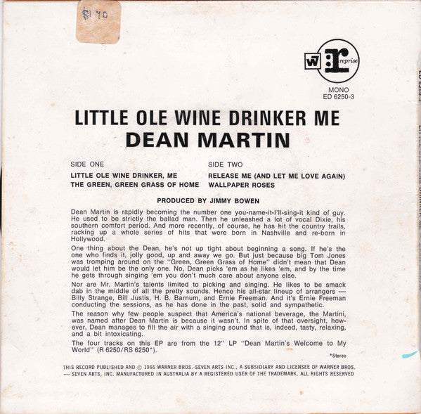 Dean Martin : Little Ole Wine Drinker, Me  (7", EP, Mono)