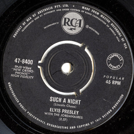 Elvis Presley With The Jordanaires : Such A Night (7", Single)