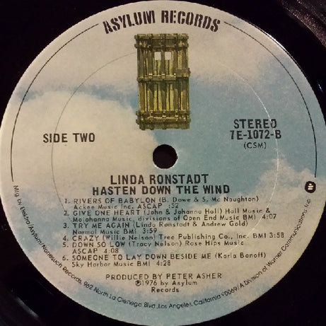 Linda Ronstadt : Hasten Down The Wind (LP, Album, CSM)