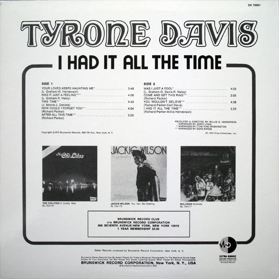 Tyrone Davis : I Had It All The Time (LP, Album, RE, Rai)