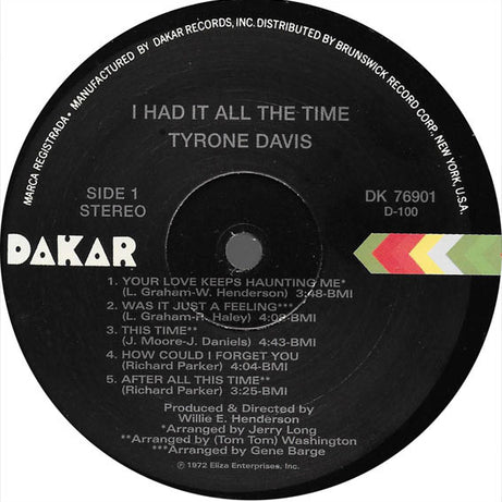 Tyrone Davis : I Had It All The Time (LP, Album, RE, Rai)