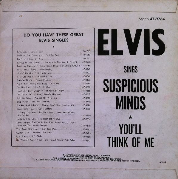 Elvis Presley : Suspicious Minds (7", Mono)
