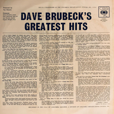 Dave Brubeck : Dave Brubeck's Greatest Hits (LP, Comp, RE)