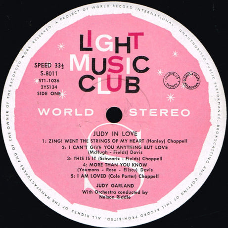 Judy Garland With Nelson Riddle And His Orchestra : Judy In Love (LP, Album, Club)