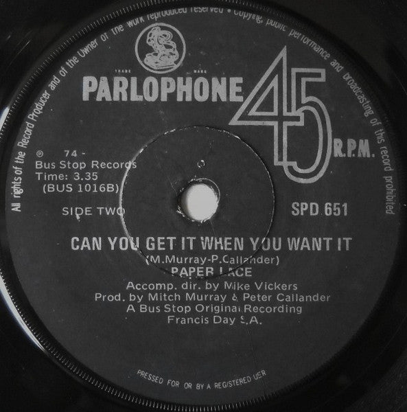 Paper Lace : The Night Chicago Died (7", Single)