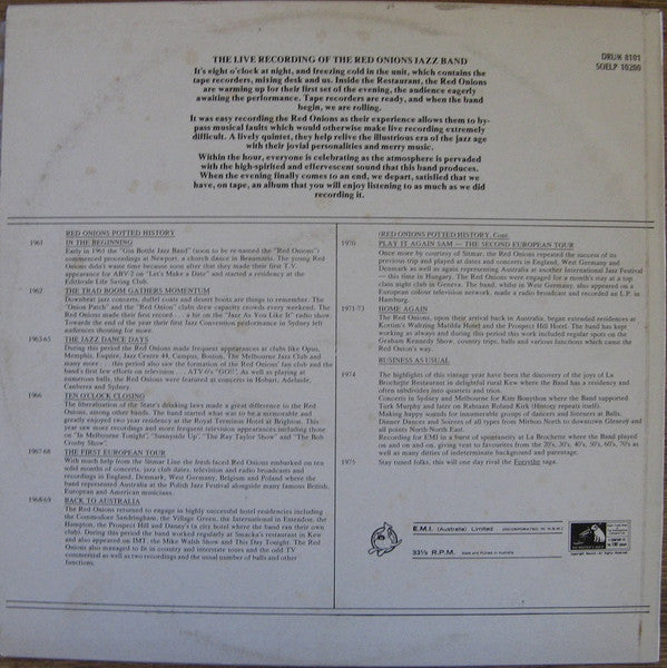 The Red Onion Jazz Band (2) : Red Onions Live! At La Brochette (LP, Album)