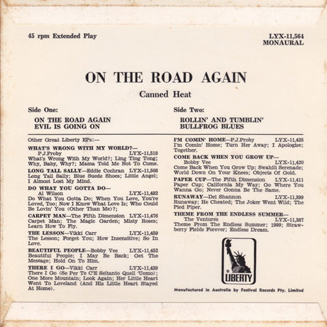Canned Heat : On The Road Again (7", EP, Mono)