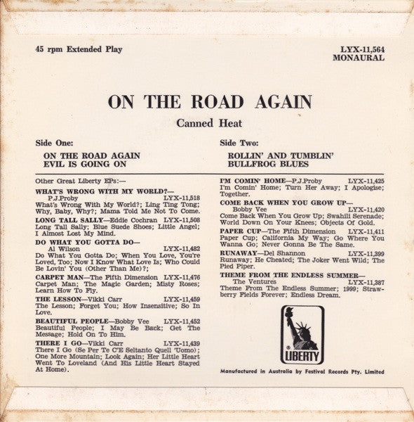 Canned Heat : On The Road Again (7", EP, Mono)