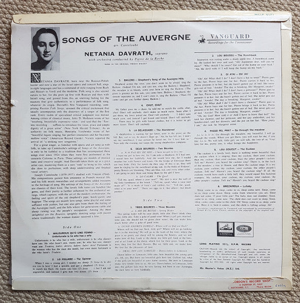 Joseph Canteloube / Netania Davrath / Pierre De La Roche : Songs Of The Auvergne (LP, Album)