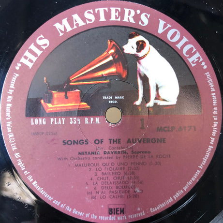 Joseph Canteloube / Netania Davrath / Pierre De La Roche : Songs Of The Auvergne (LP, Album)