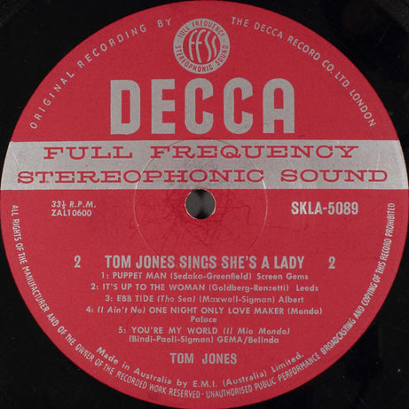 Tom Jones : Tom Jones Sings She's A Lady (LP, Album)